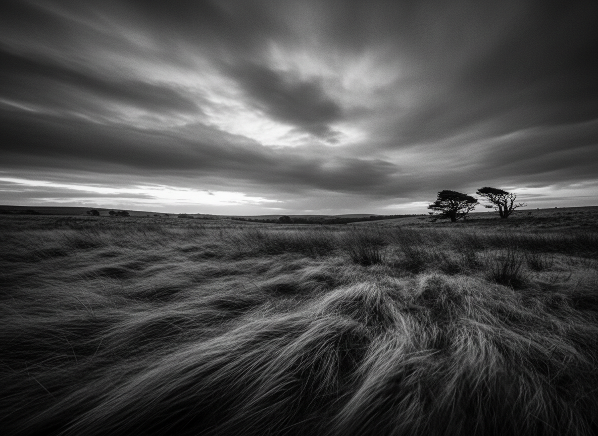Black and white atmospheric editorial photograph evoking windswept English moors at dusk, wild grasses bending in wind, dramatic sky, romantic and haunting, fine-art quality, high contrast monochrome, no text